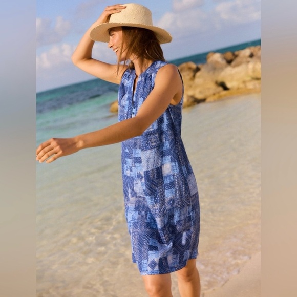 J. McLaughlin Nylee Sleeveless Linen Dress in Diamond Patch Blue Medium NWT - Picture 3 of 9